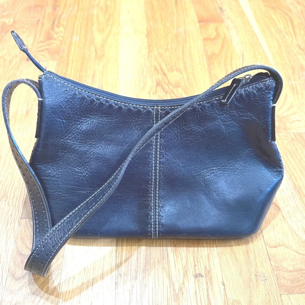 Fossil Black Genuine Leather Shoulder Bag Contrast Stitching Vintage 90s Style